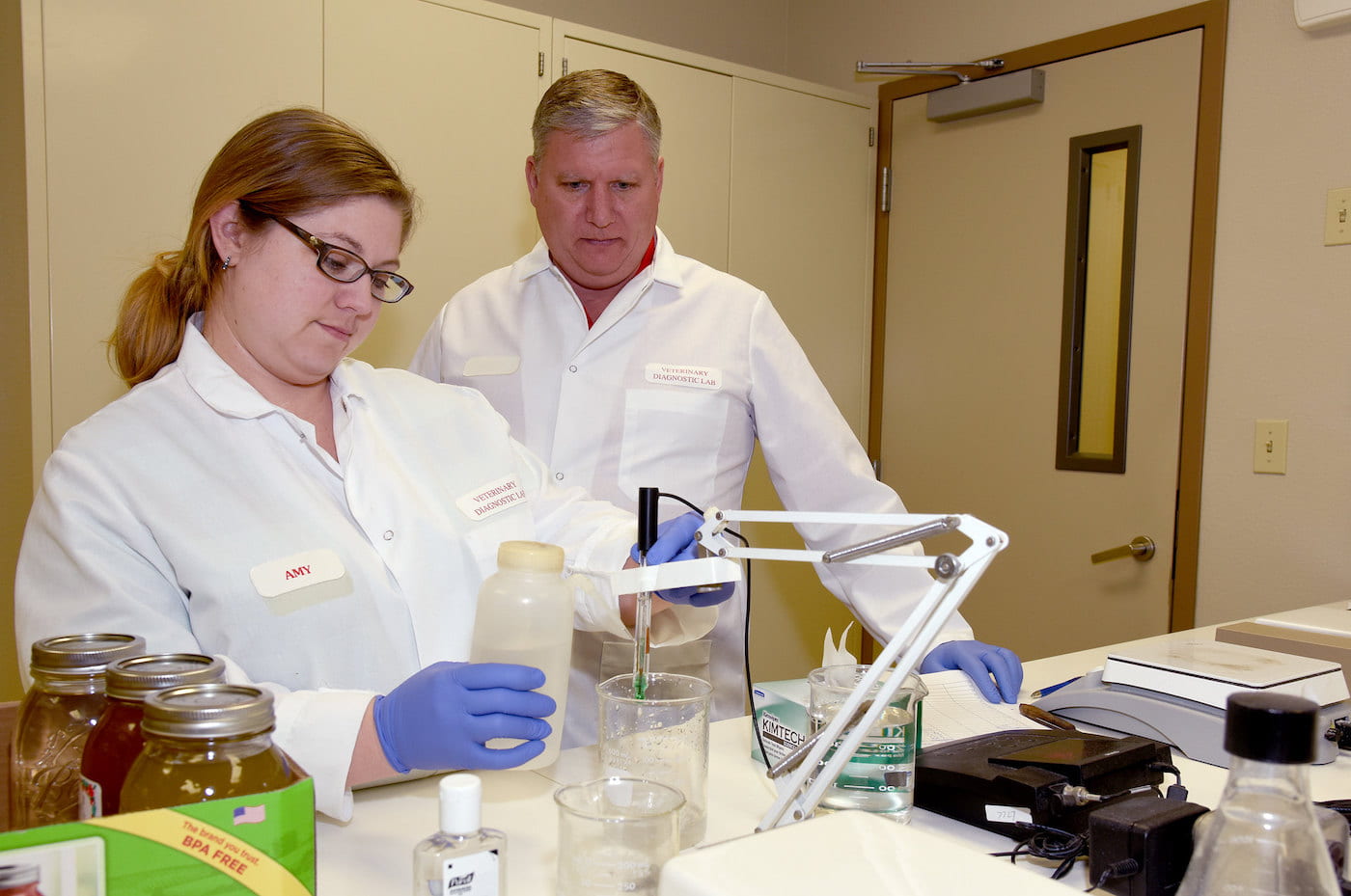 IN THE LAB — Tollett lab Director Randy Moore, DVM, with microbiologist Amy Chapman analyze samples in the Veterinary Diagnostic Lab. (U of A System Division of Agriculture file photo)