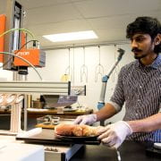 HIGH-TECH VIEW — Graduate assistant Chaitanya Kumar Reddy Pallerla investigates the use of hyperspectral imaging to detect a defect in chicken meat. (U of A System Division of Agriculture photo by Fred Miller)