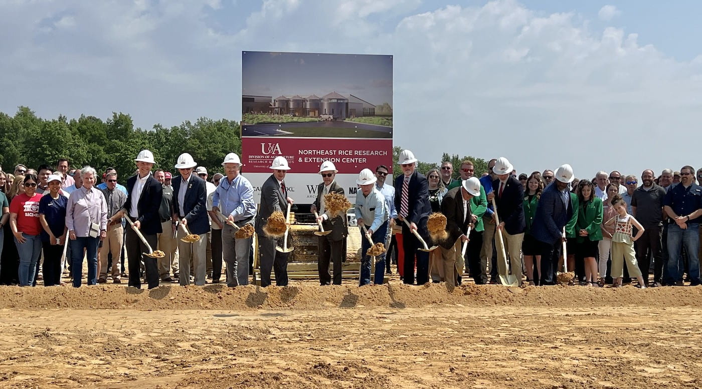 GOLDEN SHOVELS — All of the 200-plus attendees at the may 9, 2023, groundbreaking for the NE Rice Research and Extension Center in Poinsett County in a photo VIPs turning dirt. (U of A System Division of Agriculture photo by Mary Hightower)