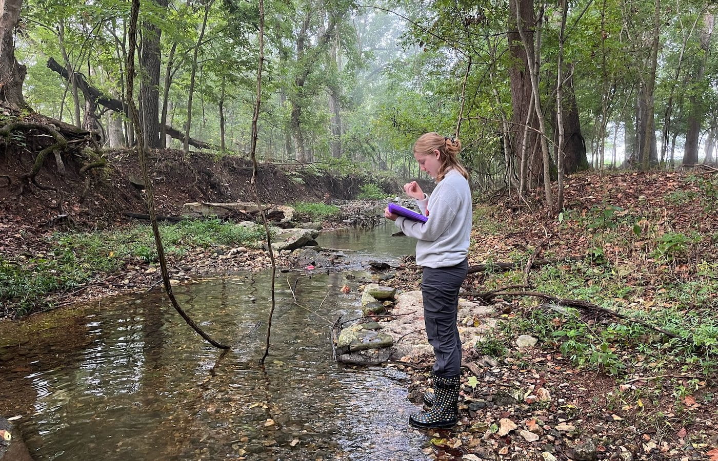 HEADWATERS — Kathleen Cutting takes stream monitoring notes on Brush Creek, a headwater stream of the White River and part of the Beaver Lake watershed.
