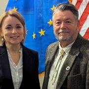 ARKANSAS AG — Jovita Neliupšiene, left, ambassador to the United States from the European Union, visits with Marty Matlock, professor of biological and agricultural engineering with the University of Arkansas System Division of Agriculture. (U of A System photo)
