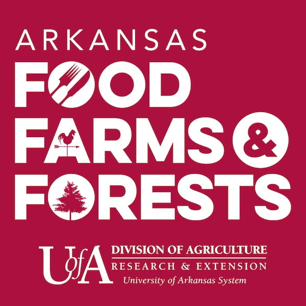 Logo with "ARKANSAS FOOD FARMS & FORESTS" in white with corresponding icons for a fork and knife, a chicken, and a tree on a maroon background.