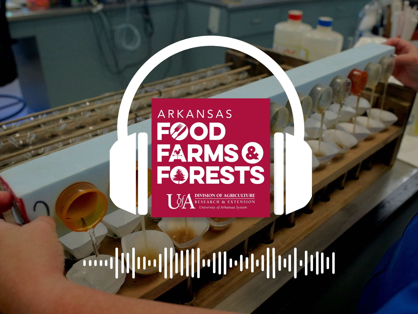 A laboratory scene with a graphic overlay of headphones and sound waves, promoting the "Arkansas Food Farms & Forests" podcast by the Division of Agriculture, Research & Extension of the University of Arkansas System.