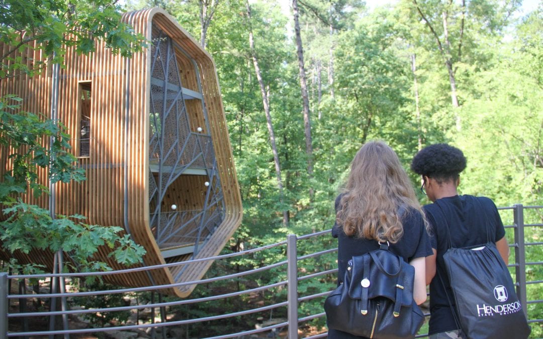 Two design camp students are looking at the new treehouse in the children's garden.