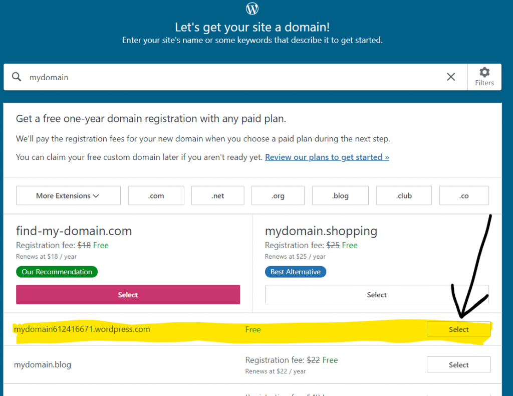 screenshot from WordPress.com showing free domain option