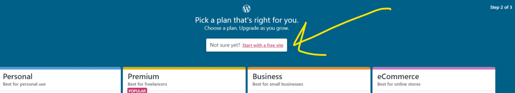 screenshot for WordPress.com showing link to create a free site