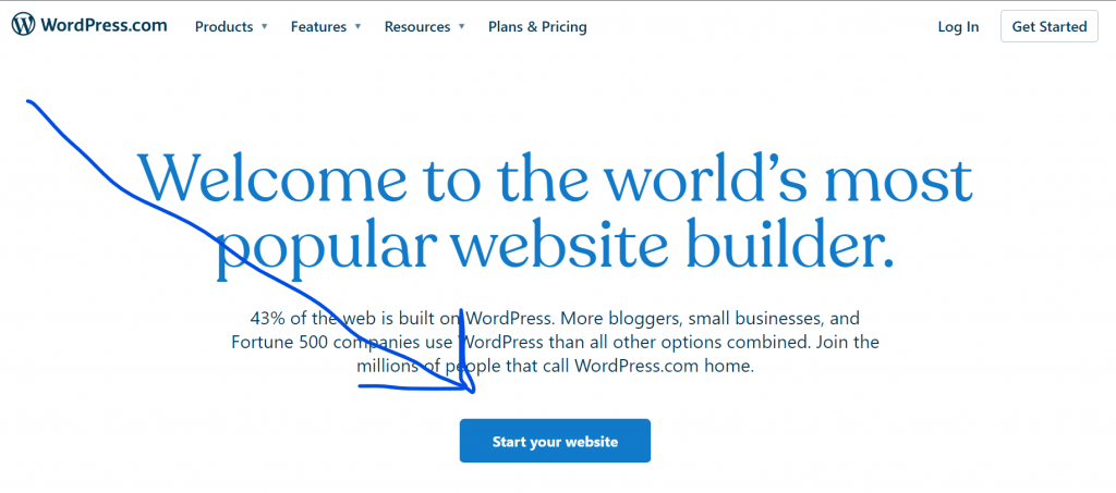 Page from WordPress.com with start your website button highlighted