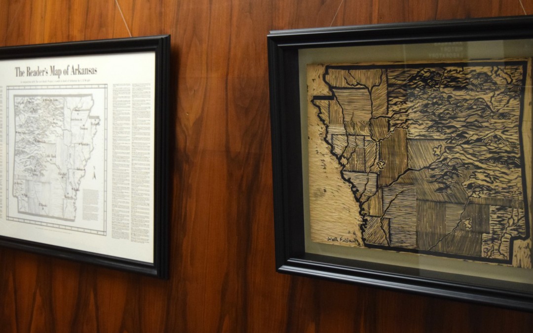 Engraving of a printed map from the Lost Roads project created by C.D. Wright in 1994, currently displayed at the entrance to Special Collections.