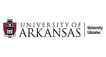 image of one of the towers of Old Main in front of a red shield. Text reads: University of Arkansas | University Libraries