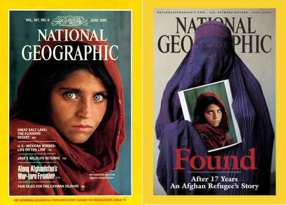 Afghan Girl: Steven McCurry's cover photographs of Sharbat Gula in June 1985 and again in April 2002.
