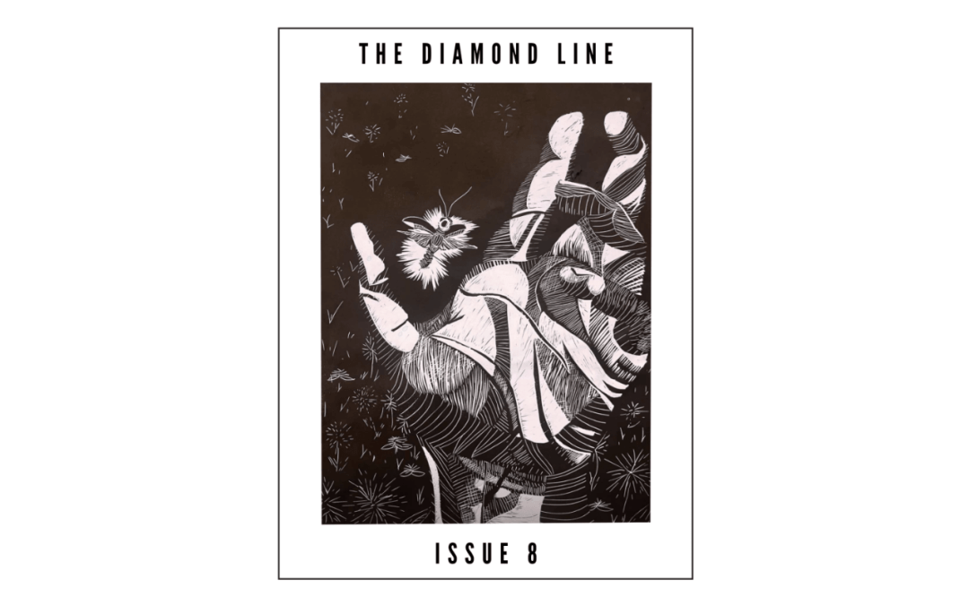 Image of the Diamond Line Issue 8 cover. A black and white image of an open hand.