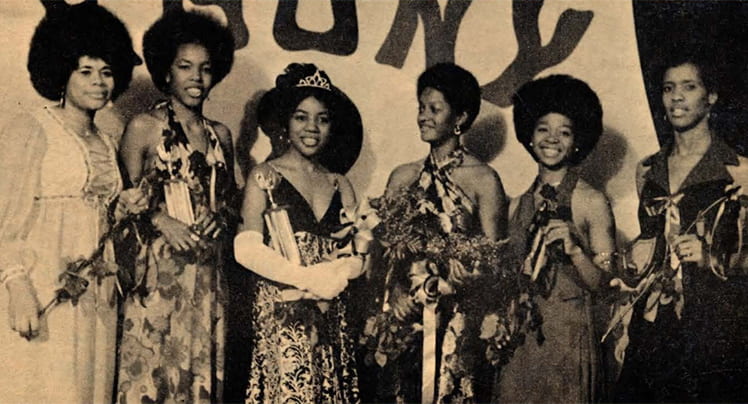 The finalists for Miss BAD 1973 (left to right): Margaret Turner; Faye Henderson, first runner-up; Janice Robinson, Miss BAD 1973 winner; Linda Hinton, Miss BAD 1972; Joyce Taylor; and Erserline Banks, Miss Congeniality (November 1972 issue)