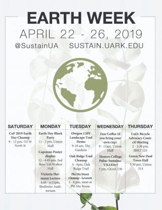 The Earth Week 2019 Schedule of Events calendar.