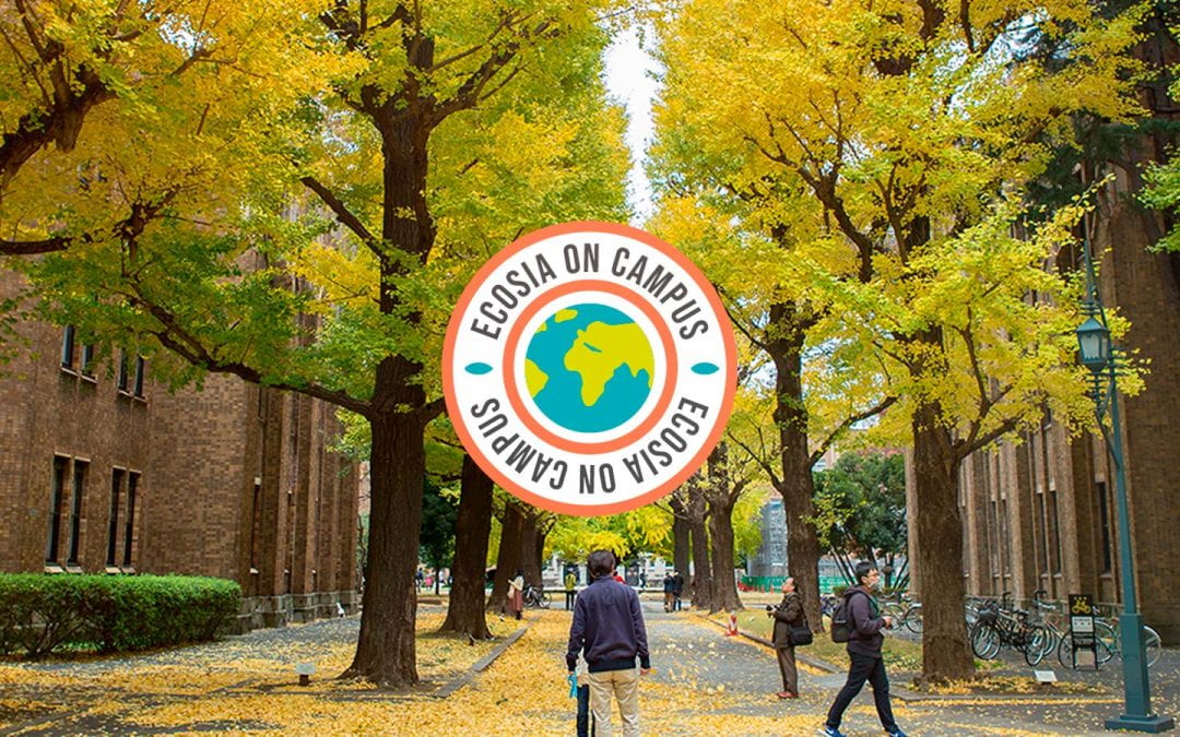 The circular "Ecosia on Campus" logo (the phrase circling around a graphic of a globe) imposed over an image of a college campus.