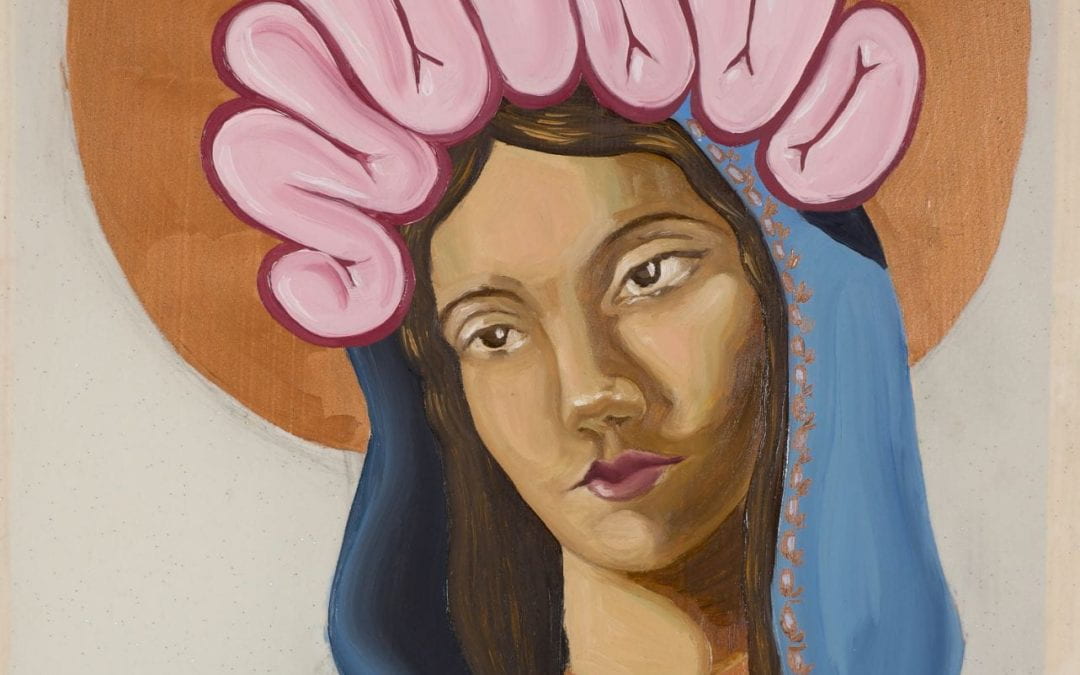 A painting of a woman in a blue shall, looking off to the left. In place of a halo or crown there are pink puffy words reading "nunvo". An orange sun frames her head.