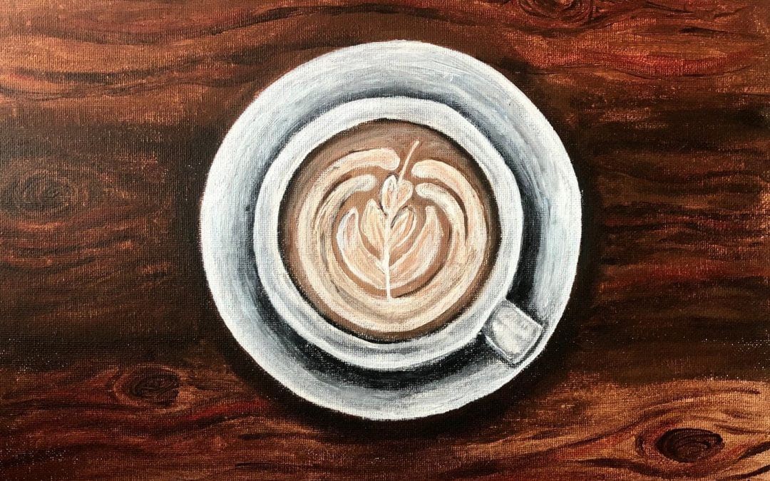 painting; cup of coffee seen from above with latte art. wood table beneath it. painting by Reeya Gandhi