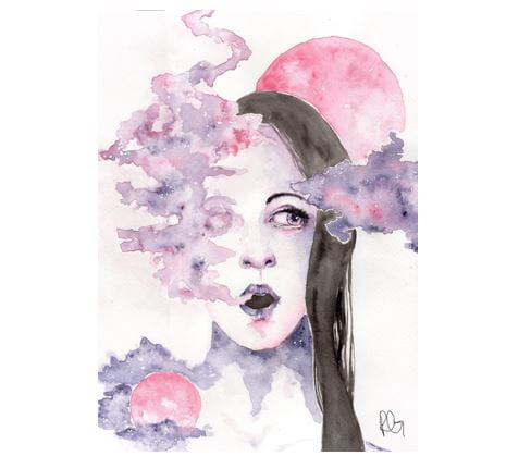 watercolor portrait of woman with long dark hair. pink and purple vapor comes from her mouth. art by Rashi Ghoush