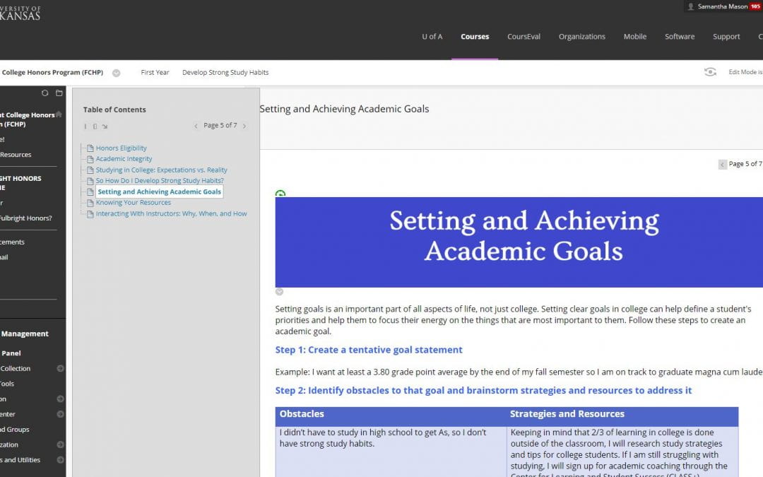 Screenshot of Setting and Achieving Academic Goals module in the Fulbright College Honors Program Blackboard Course.