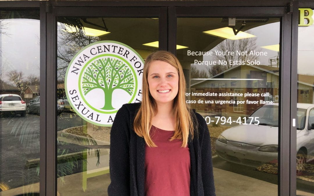 Social Work major Morgan Browning in front of the NWA Center for Sexual Assault where she is completing an internship this semester.